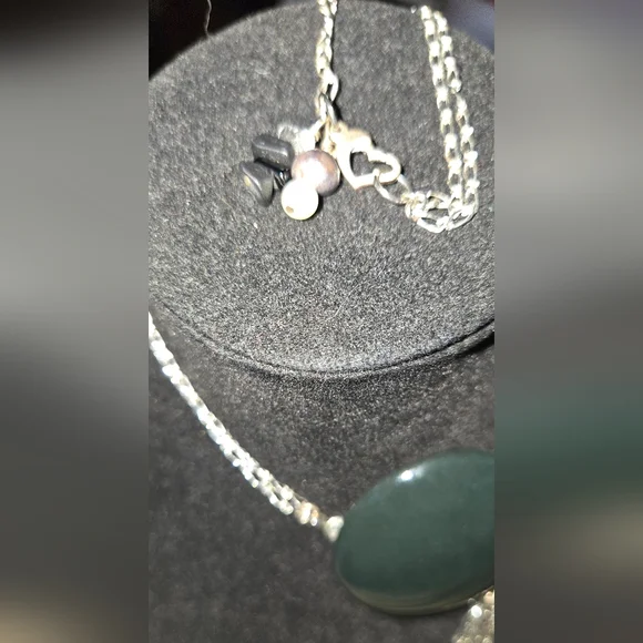 Black porcelain Pendant with Sterling Chain natural pearls obsidian & quartz 18" - Picture 5 of 7